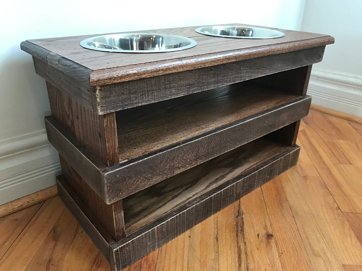 Reclaimed wood dog bowl stand with storage space single bowl – Rustic  Pallet Products