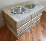 Reclaimed pallet crate dog bowl stand with storage space