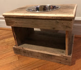 Reclaimed wood dog bowl stand with storage space single bowl