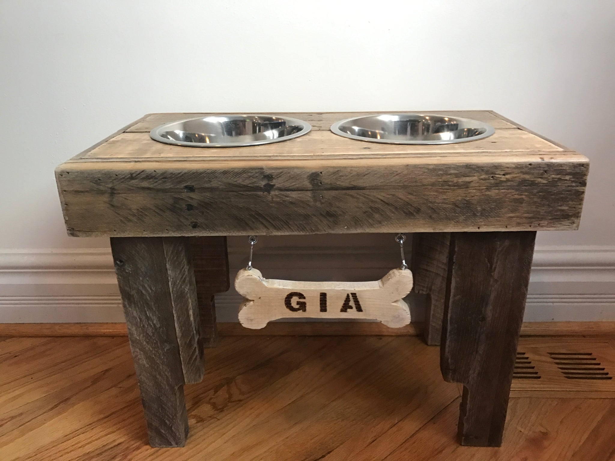 Reclaimed pallet dog bowl stand with personalized dog bone – Rustic Pallet  Products