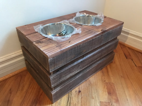 Reclaimed pallet crate dog bowl stand with storage space
