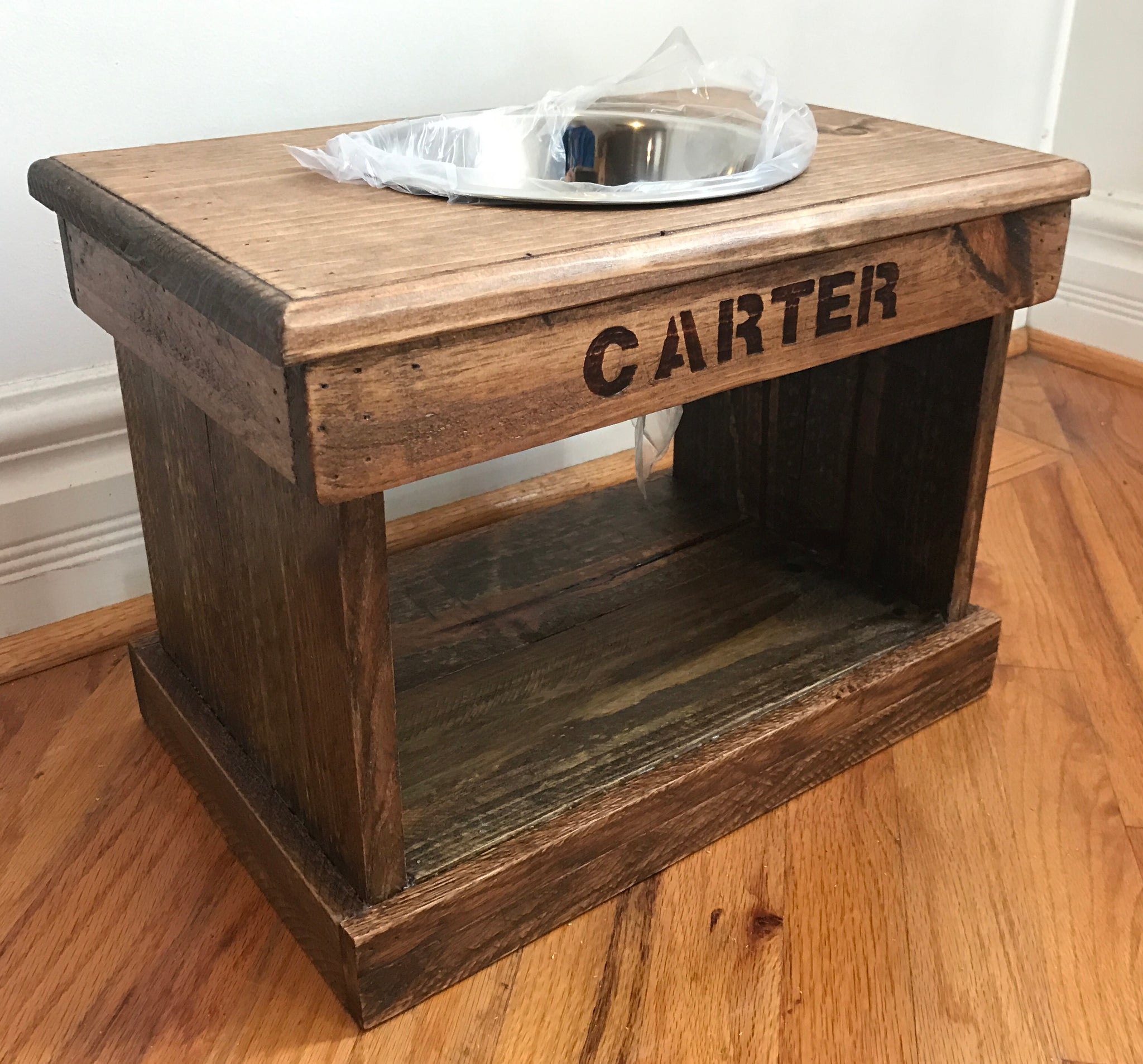 Reclaimed pallet dog bowl stand with personalized dog bone – Rustic Pallet  Products