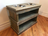 Elevated dog bowl stand with storage shelves 2 bowls included