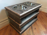 Elevated dog bowl stand with storage shelves 2 bowls included